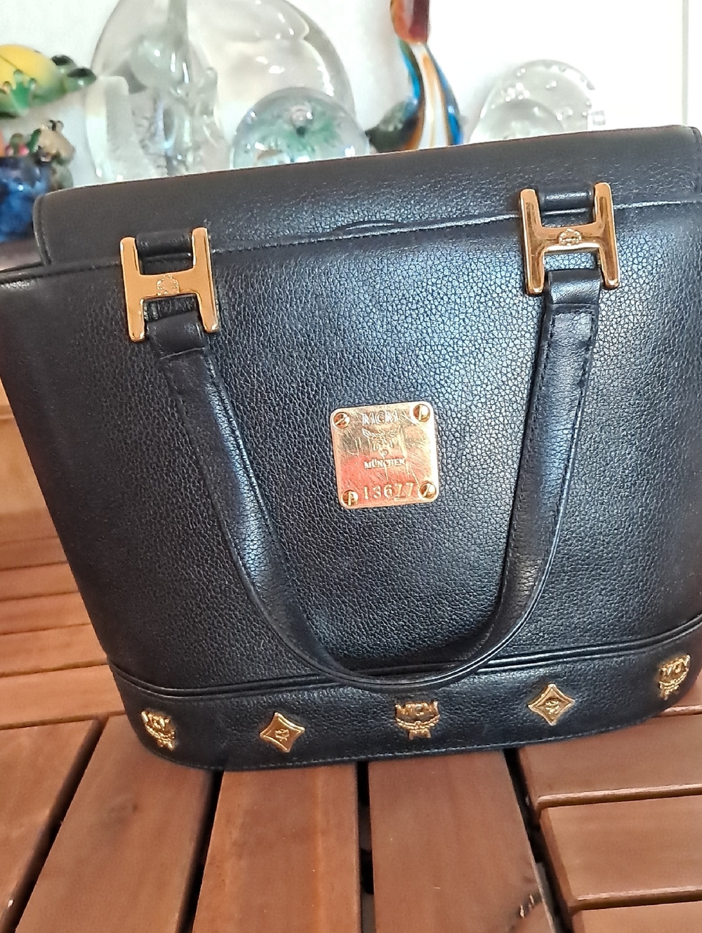 Vintage MCM Black Pebble Leather Bag with Gold Logo Plate And Gold Tone Embelish